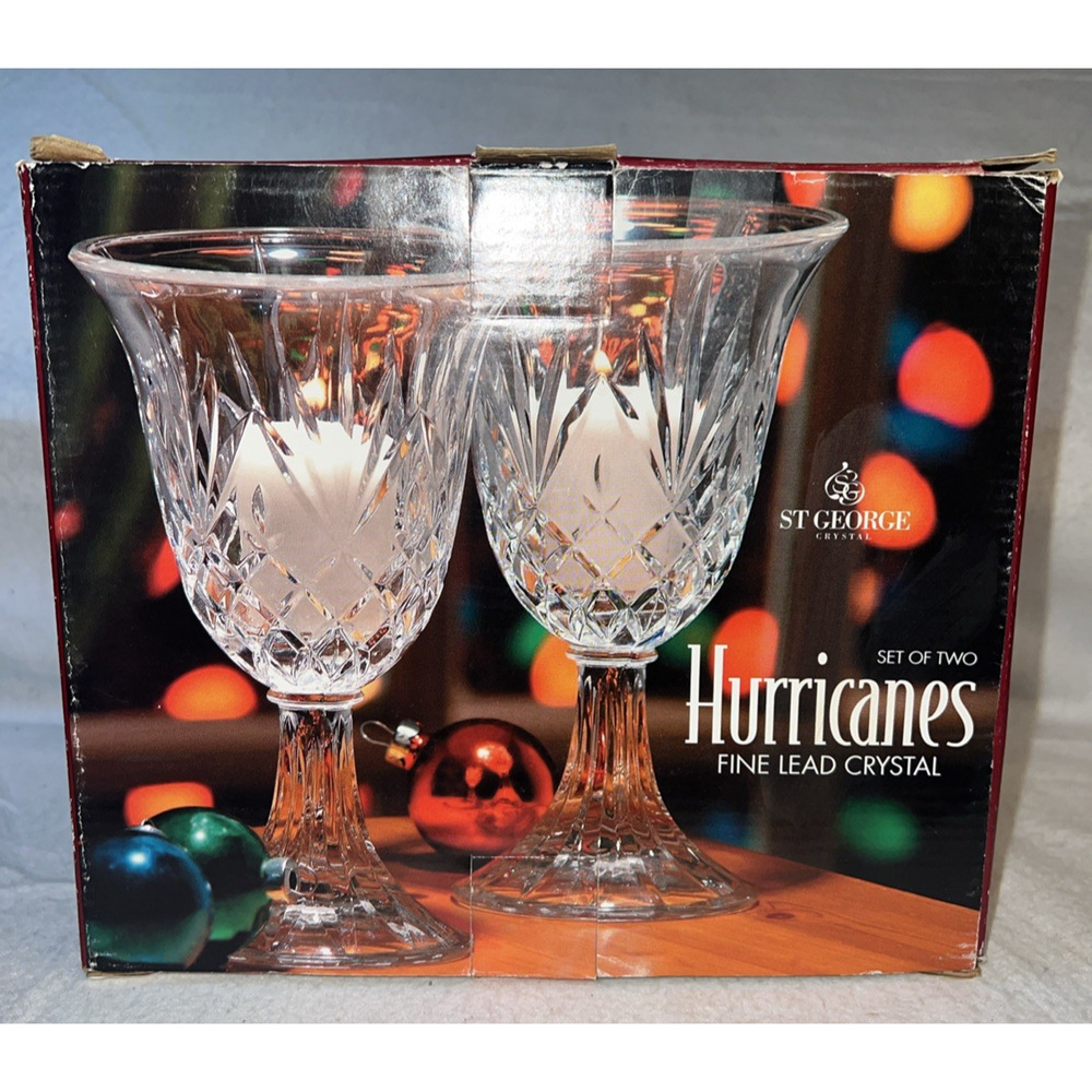 St George Crystal Hurricane Candle Holders‎ Set Of Two Fine Lead Crystal USA Box